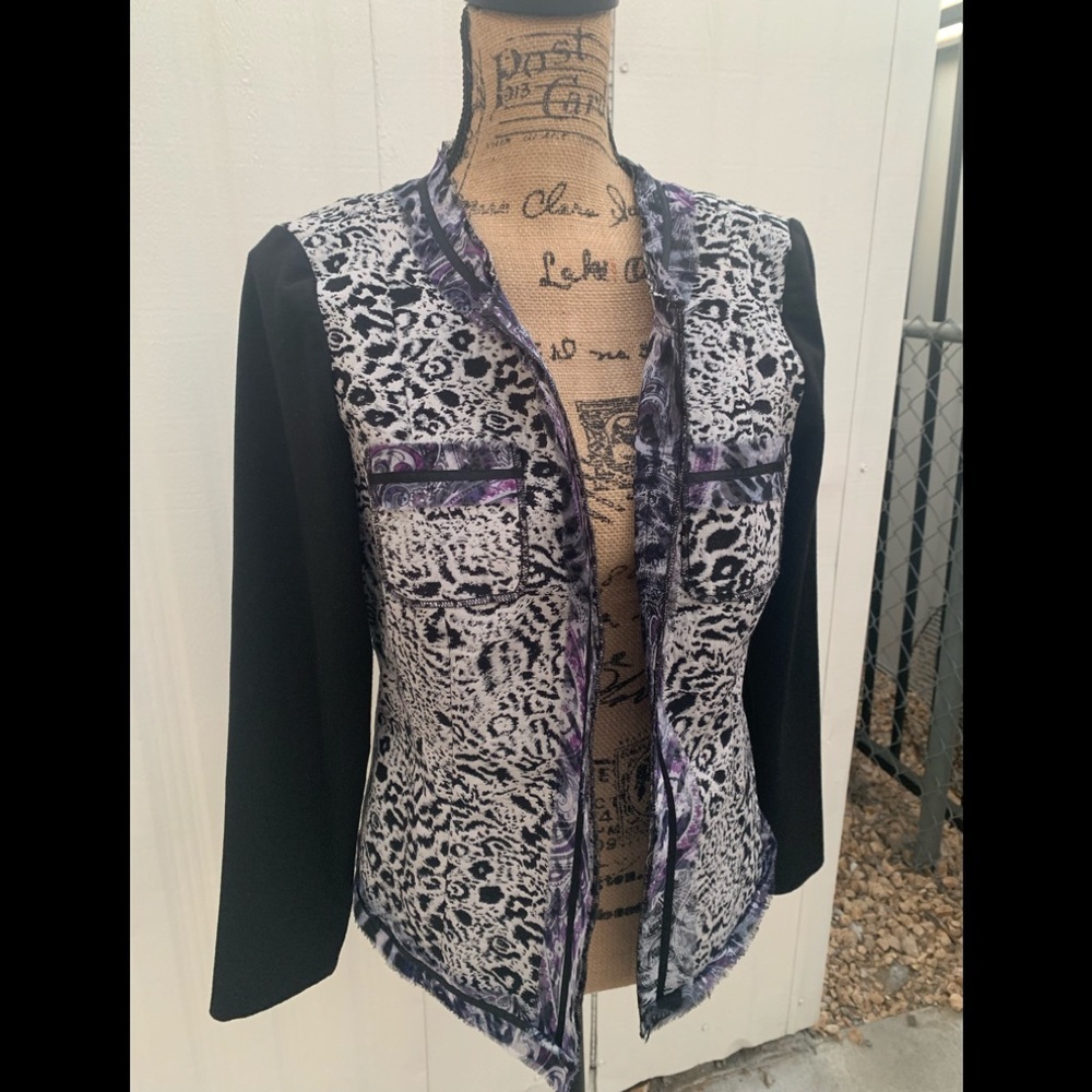 Chico's Black and White Animal Print Open Front Blazer with Purple Trim